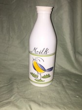 Vintage Egizia White Glass Milk Bottle Hand Painted Bird With Lid
