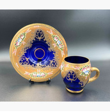 Ancienne tasse et soucoupe bleu cobalt Moser émail floral doré peint main