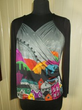 Tee Shirt top Col V ANATOPIK Gislaine 36/38 polyester noir/gris village coloré