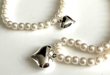Parure Collier + Bracelet fausse perle Blanc coeur argenté Fille Neuf