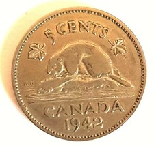 Pièce de 5 centimes canadienne 1942 représentant un castor.