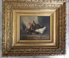 2 huiles sur panneaux signé Eugene Cottin : Poules et coqs picorant, s'abreuvant