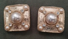 BOUCLES D'OREILLE VINTAGE métal doré Perles Strass Carré Couture Années 90
