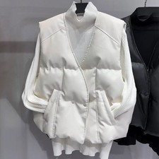 Femme Ample Vestes Débardeur Coton Rembourré Gilet Simili Cuir Chaud Bouton
