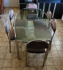 table en verre fumé et  métal chromé avec 6 chaises, années 70