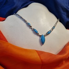 Collier Vintage Artisan Argent Massif 925 Serti Howlite Turquoise Longueur 44 Cm