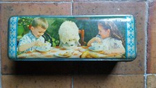 JOLIE Boîte à gateaux ancienne - ENFANTS & CHIEN AU GOUTER 27cmx10cmx8cm vintage