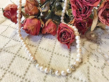 Collier perles eau douce blanc métal argenté strass  - 48 cm