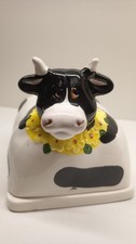 Beurrier Vache Vintage en Céramique — Décor Noir & Blanc Hollandais avec collier