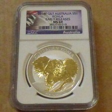 Australia 1$ Koala 2014 gilded NGC MS69 Early Release silver 99.9% 1 oz (argent)