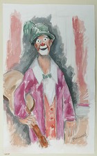 Aquarelle Originale Portrait Clown Guitare Cirque PIERRE ABADIE LANDEL 1970