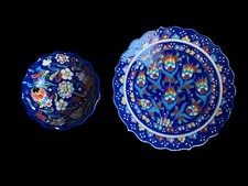 Assiette Et Coupelle Céramique Faïence Kutahya Befos Gini Ancien Bleu 