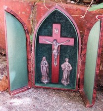 RELIQUAIRE de VOYAGE ancien PASSION de N.S. Jésus Marie & Joseph devant la croix