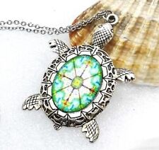 collier FEMME pendentif TORTUE Stylé Washi Art Japon Décor Rosace VERT -Argenté