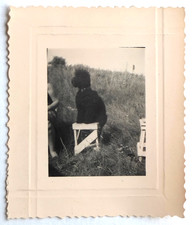 Caniche chien noir assis petit tabouret nature mignon - Photo vintage snapshot