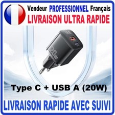 Chargeur Secteur USB  Mural Dual Type C + USB A 20W Charge Rapide Compact