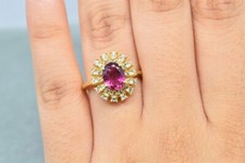 Rose Tourmaline & Bague Diamant Vintage 925 Argent Sterling Anniversaire