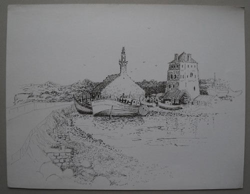 Dessin encre paysage marin - encre,