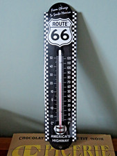 Plaque émaillée bombee THERMOMETRE ROUTE 66 ROAD USA HARLEY  30x6.5 cm email