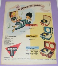 PUBLICITÉ ANCIENNE TEPPAZ ÉLECTROPHONE /ALAIN GAUTHIER/ 35X25,5CM MAGAZINE 1956