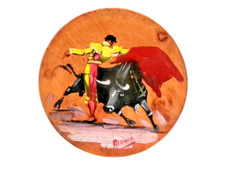 Petit tableau rond sur bois " Scène de Corrida " signé Alonso