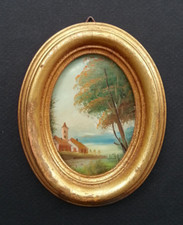 TRES JOLIE ancienne MINIATURE PEINTURE SUR CUIVRE SIGNÉE Paysage champêtre ferme