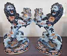 Emile Gallé. Lions portes flambeaux en faience. 19ème