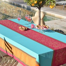 Nappe rectangle coton tissé jacquard traité Téflon anti tache caprice turquoise 