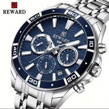 Montre Homme REWARD Chronographe Luxe, Acier Inoxydable, Cadran Bleu, Quartz