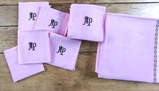 Nappe + serviettes  type basque rose, monogramme brodé 