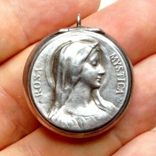 Rosa Mystica Medal by Dropsy. Rosary, Pill Box. Antique Religious Silver Pendant