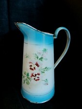 Ancien Pichet Emaillé Broc Pot Décor aux Pensées JAPY Signé Collection Cuisine 