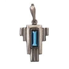 Ancien Pendentif Monture Nickel et Verre Bleu Art Déco 1930