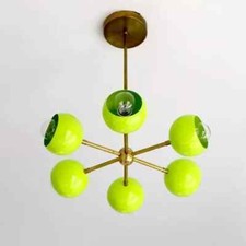 Grand lustre Loa avec lampes orbes en laiton éclairage plafonnier vert 6 bras