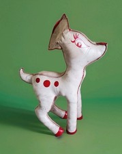 Grande Peluche Vintage Bambi Blanc Rouge 50cm Plastique Simili Cuir Rétro Déco