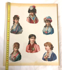 6 Anciens et grands découpis chromos thème jeune fille femme en costume XIXème