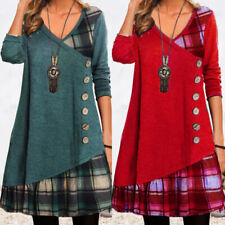 💙Mini Robe À Carreaux À Col En V Pour Femme Manches Longues Boutons Robe /