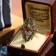 Bague Doré Antique Réglable Art Nouveau Libéllule Email Bleu CZ Rouge Blanc SB51