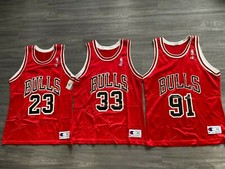 1990’s Vintage Jordan, Pippen & Rodman Chicago Bulls NBA Away Jerseys Size 44 L