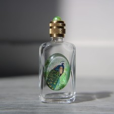 Miniature de parfum vide, bouteille en verre décoré d'un paon