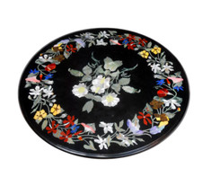 24 " Marbre Noir Table Top Demi Précieux Multi Pierre Handmade Pièce Décor