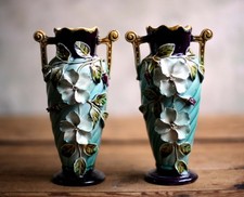 Pair of Antique French Majolica Vases with Wild Roses Art Nouveau Blue Barbotine