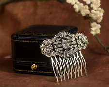 Peigne à Cheveux Art Déco Argenté Antique Strass Blanc Vintage Style QD22