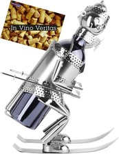 BRUBAKER Porte-Bouteille de Vin Skieur Sculpture en Métal Argenté + Carte-Cadeau