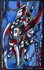 Trois Écossais jouant de la cornemuse art brut acrylique sur calque 1990 Palmad