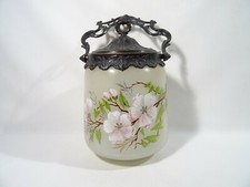 ANCIEN POT SEAU A BISCUIT EN VERRE EMAILLE ET PEINT DECOR DE FLEURS COOKIE JAR 