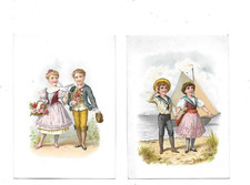 2 Chromos  anciens  petit couple au voilier et aux fleurs   H. 12 cms