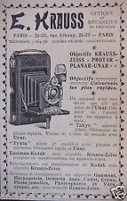 PUBLICITÉ 1902 E.KRAUSS OPTIQUE ET MÉCANIQUE - ZEISS - PROTAR - PLANAR - UNAR