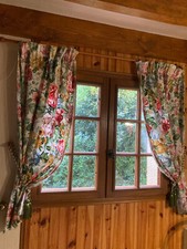 double rideaux tenture écrus fleuries vert/rose doublés 93x134cmx2 +ambrasses tr