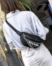 Sac Banane Noir 100% Similicuir Matelassé Femme Neuf Sacoche Zip Chaîne Argenté